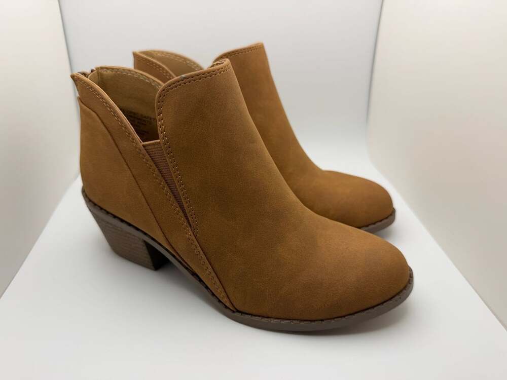 By The Way (btw) Tan Faux Suede Ankle Booties with Side Cutouts and Back Zipper